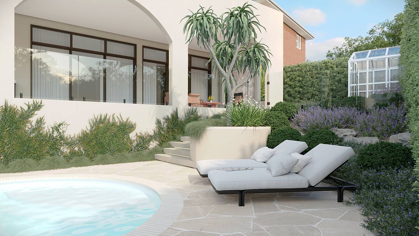 Avalon Court, Avondale Heights, Melbourne. 3D render of the landscape design