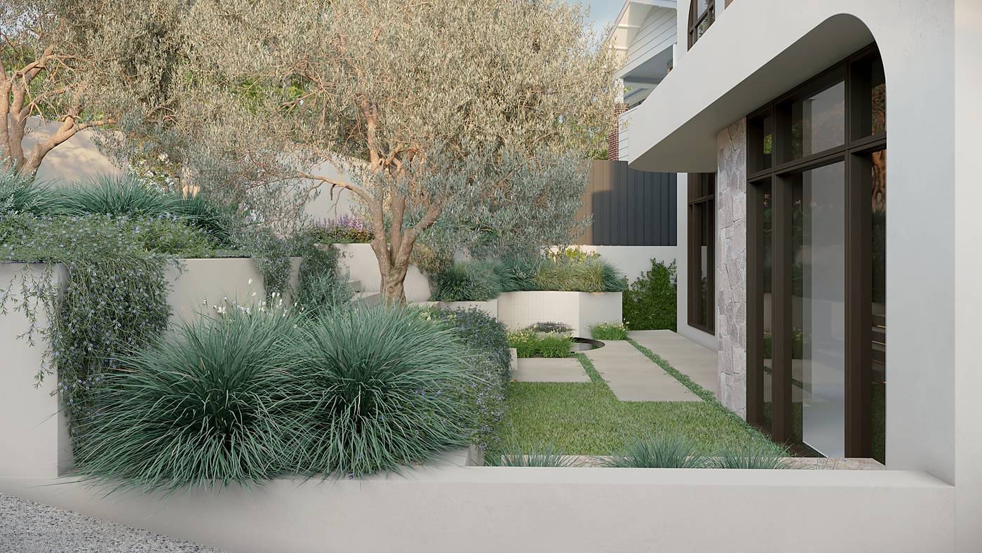 Avalon Court, Avondale Heights, Melbourne. 3D render of the landscape design