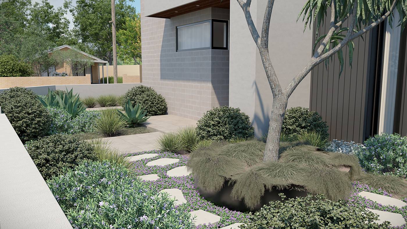 Brewster Street, Essendon, Melbourne. 3D render of the landscape design