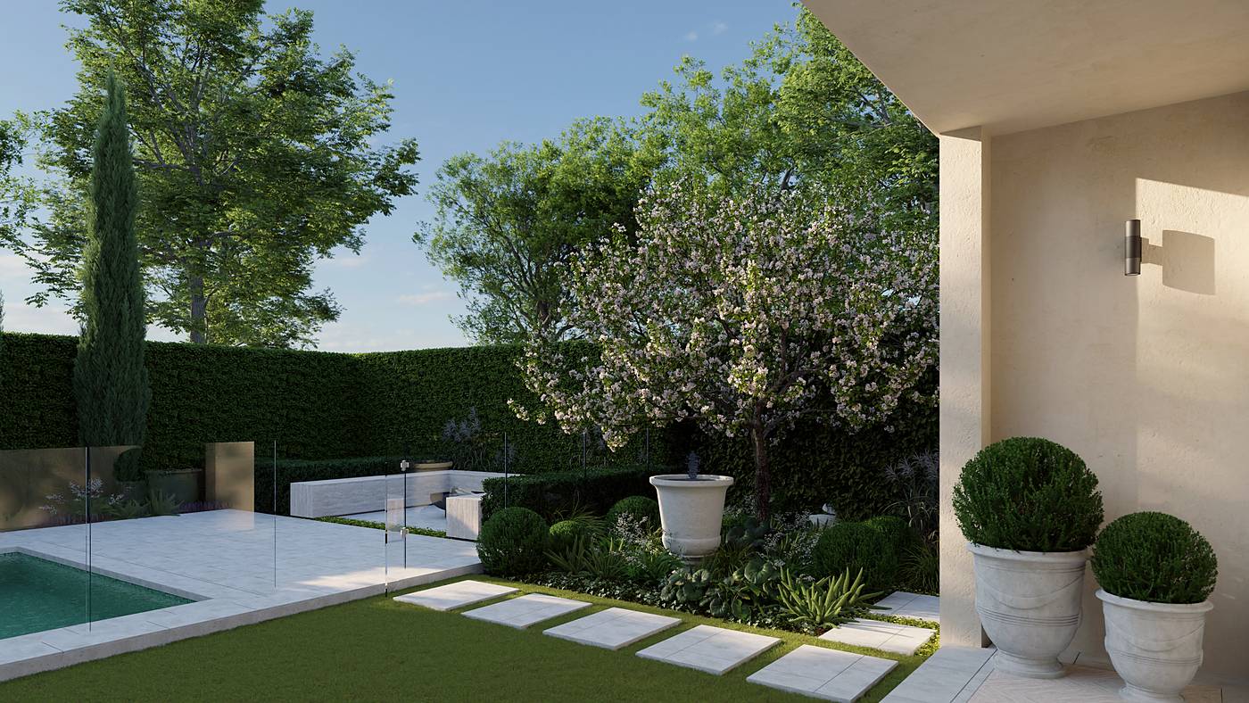 Ferdinand Avenue, Balwyn North, Melbourne. 3D render of the landscape design
