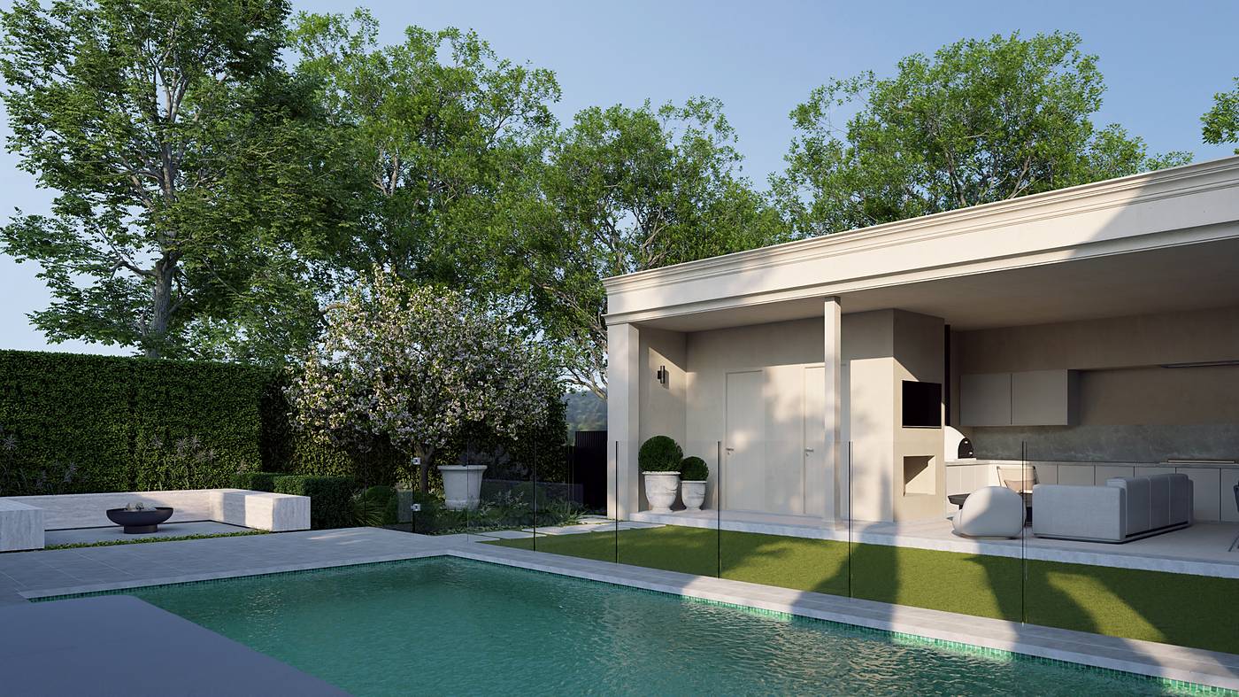 Ferdinand Avenue, Balwyn North, Melbourne. 3D render of the landscape design