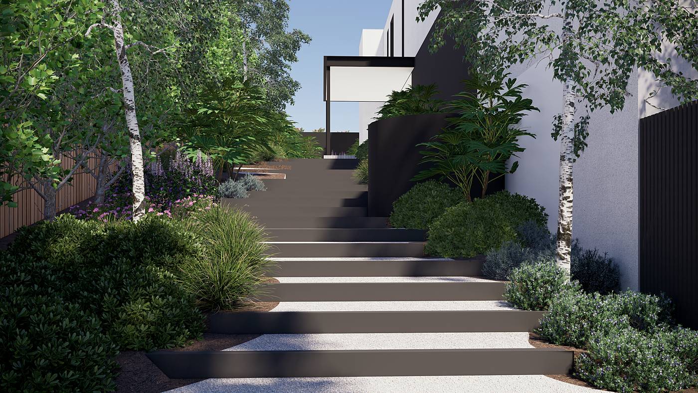 Lum Road, Wheelers Hill, Melbourne. 3D render of the landscape design
