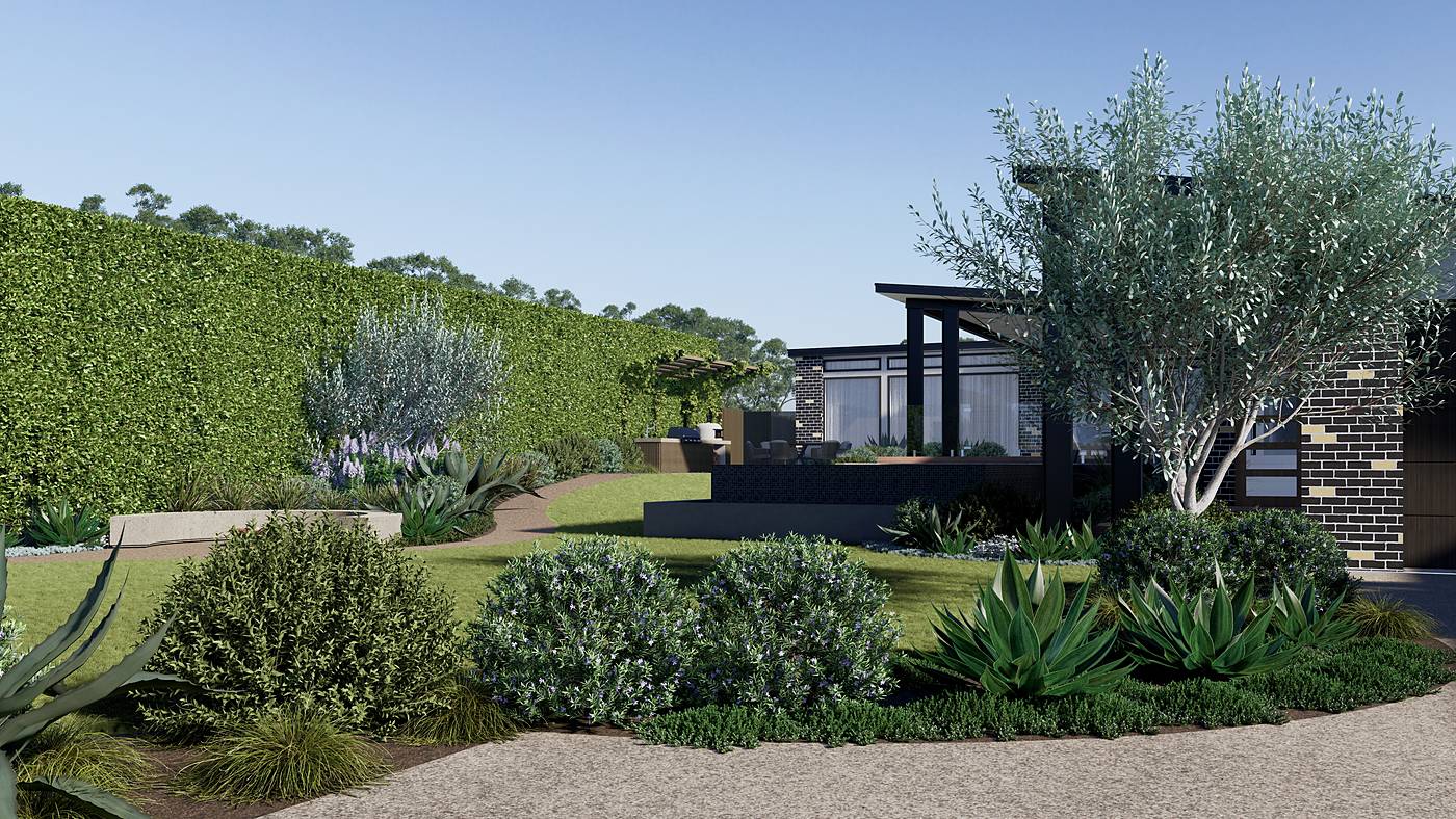 Olive Avenue, Harkaway, Melbourne. 3D render of the landscape design