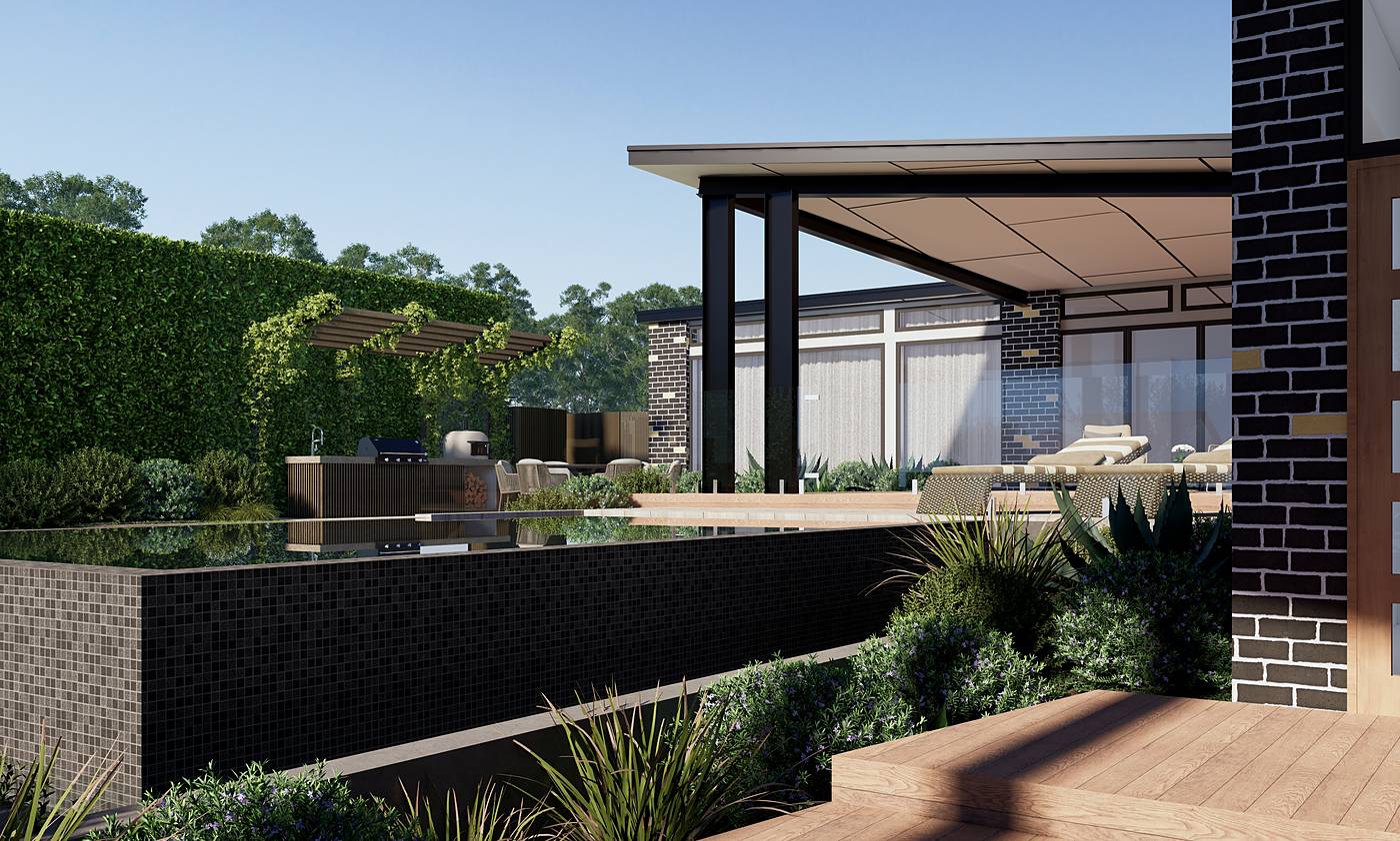 Olive Avenue, Harkaway, Melbourne. 3D render of the landscape design