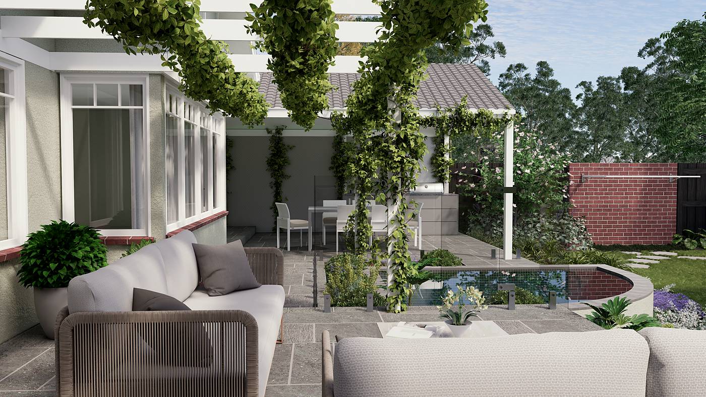 Pembroke Street, Surrey Hills, Melbourne. 3D render of the landscape design