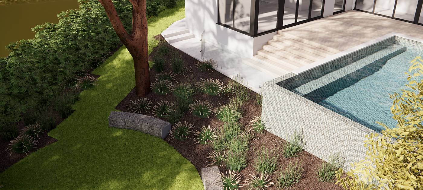 Pennell Street, Eltham North, Melbourne. 3D render of the landscape design