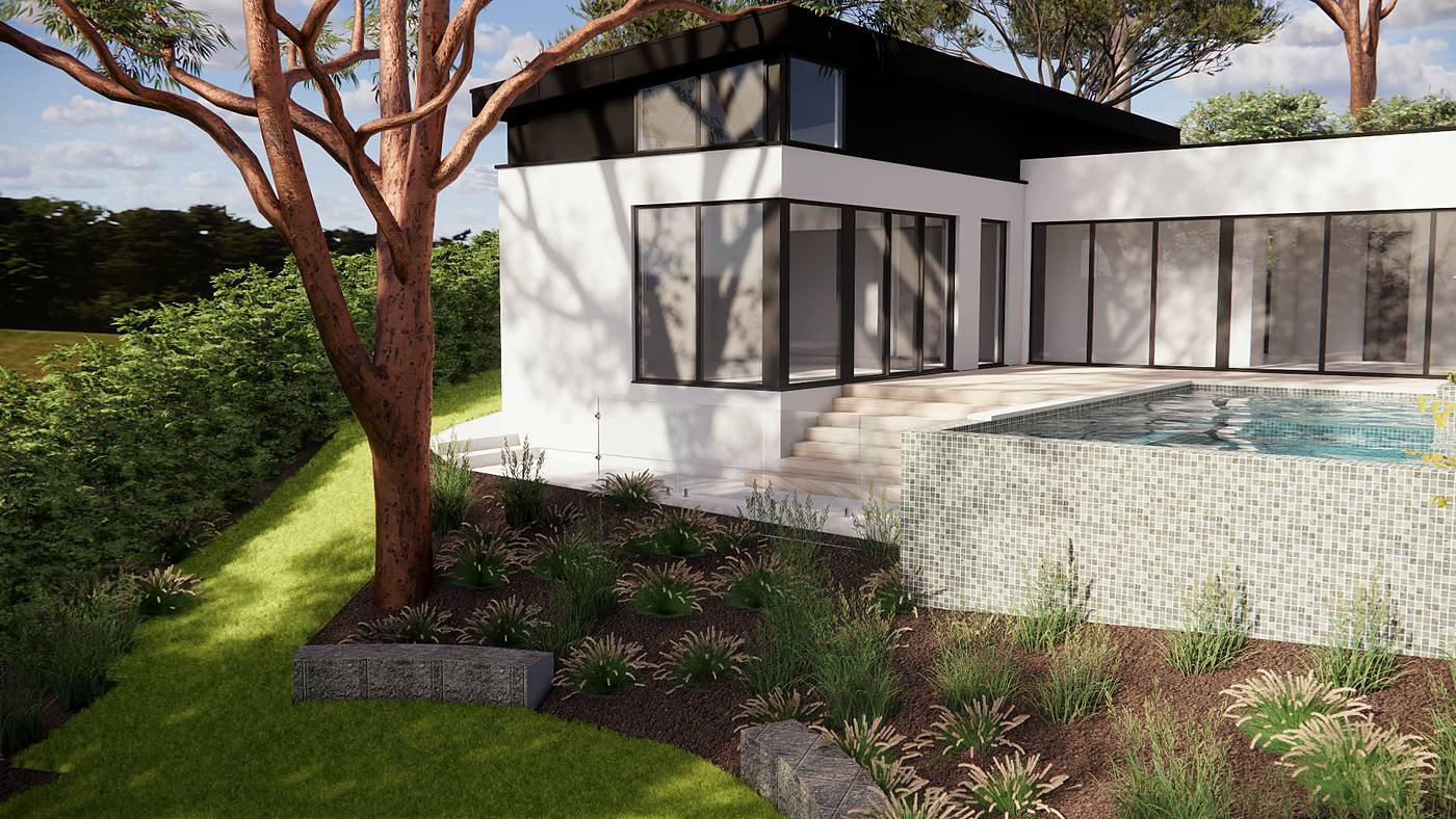 Pennell Street, Eltham North, Melbourne. 3D render of the landscape design