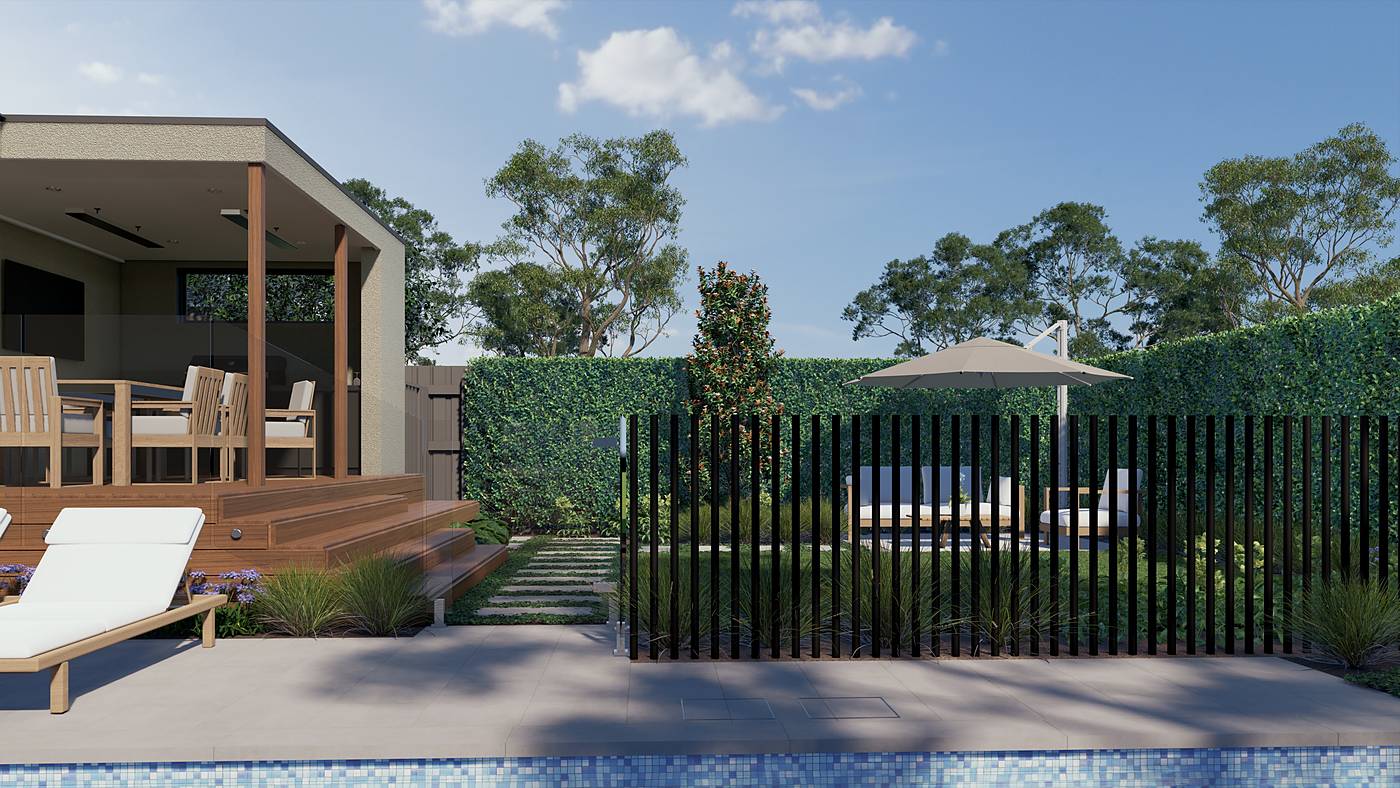Thomson Drive, Rosanna, Melbourne. 3D render of the landscape design